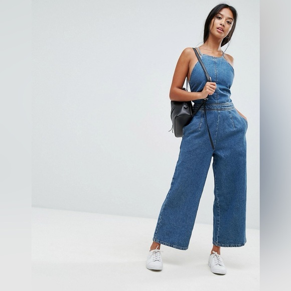 ASOS Blue Denim Overalls High-Waisted Wide Leg Jumpsuit - Picture 1 of 9